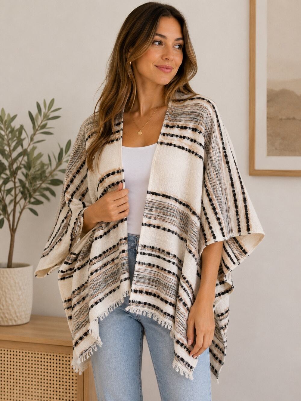 American Eagle Striped Woven Fringe Kimono Poncho One Size Boho